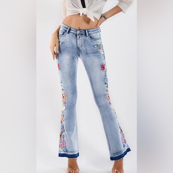 Womens 70’s Floral Embroidered High-Rise Bell Bottom Flare Jeans Denim Pants - Picture 4 of 10